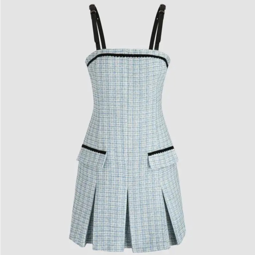 CIDER Lady Blue Pleated Mini Dress & Cropped Blazer Blue Tweed Set Black Trim S - Picture 2 of 14
